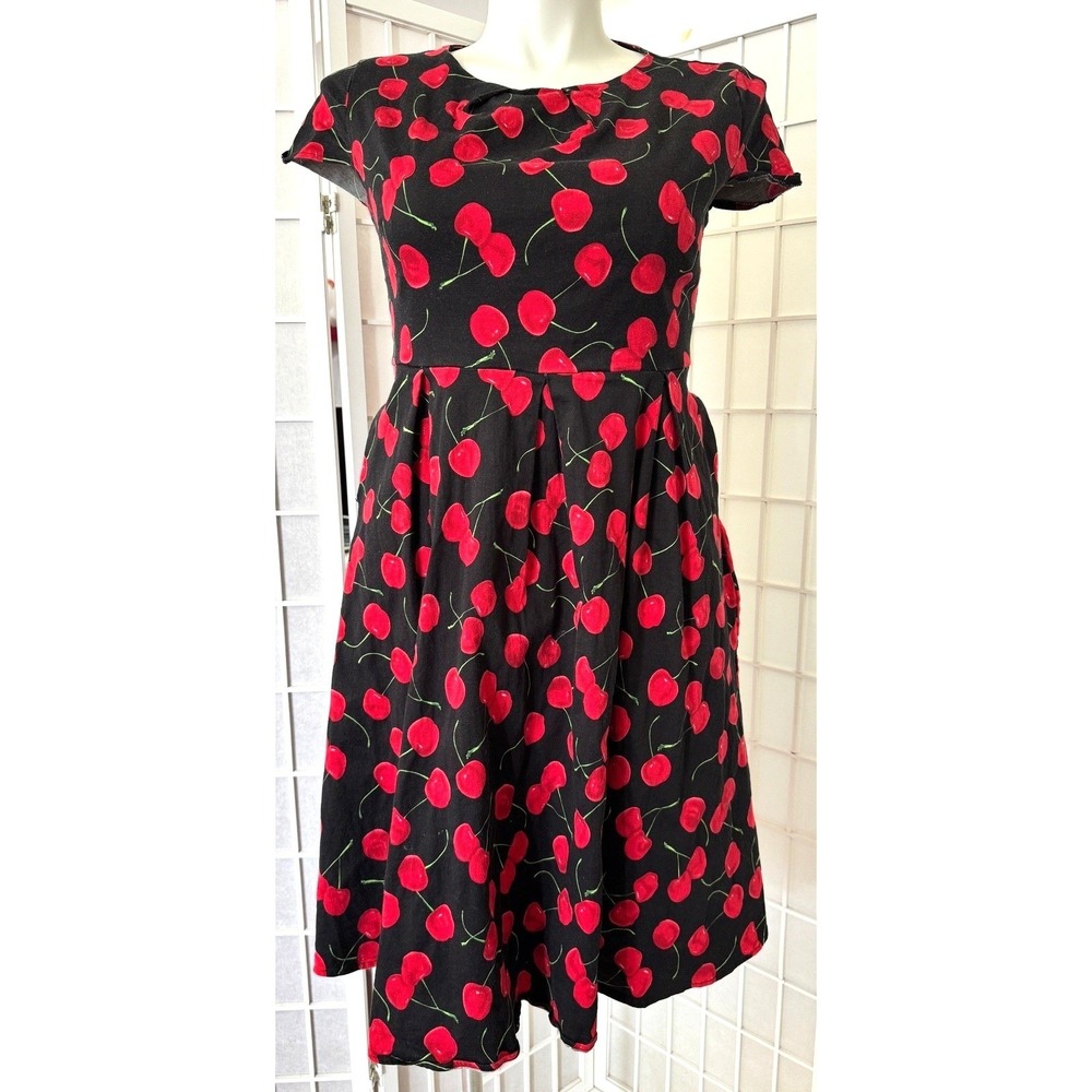 Roosey XL Cherry Print Pockets Midi Fit & Flare Dress Retro Rockabilly Pin Up